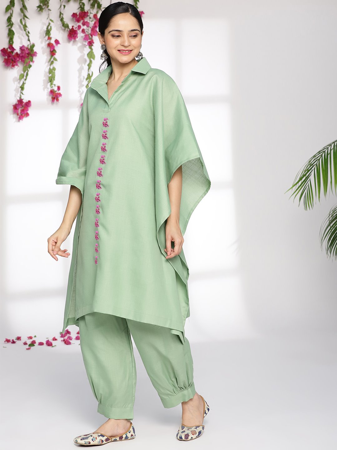 SageGreen CottonSlub ShirtKaftan - Cynthia