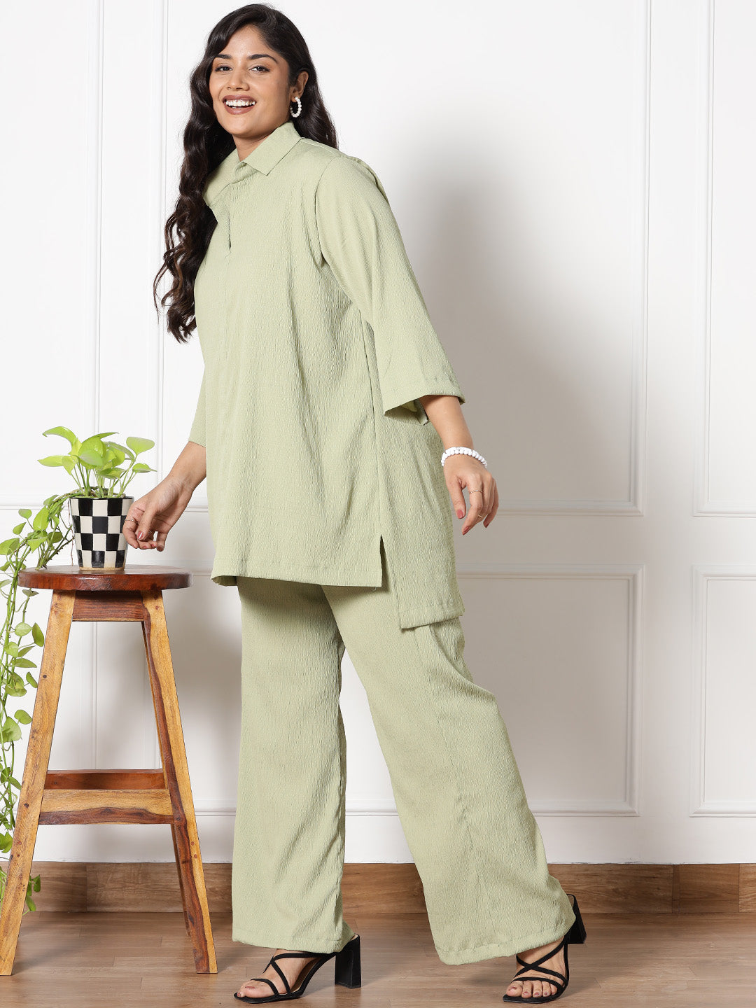 SageGreen Textured ShirtTop & WaistbandPalazzo