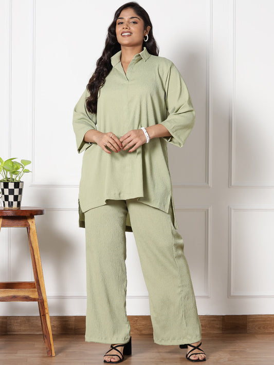 SageGreen Textured ShirtTop & WaistbandPalazzo