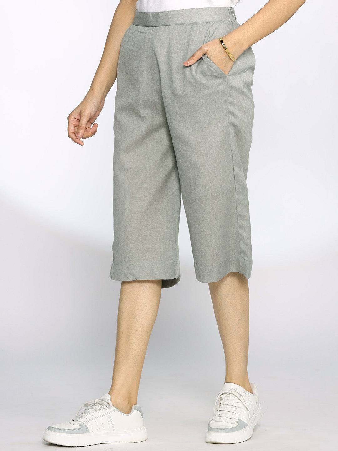 SageGrey Cotton Knee-Length Shorts