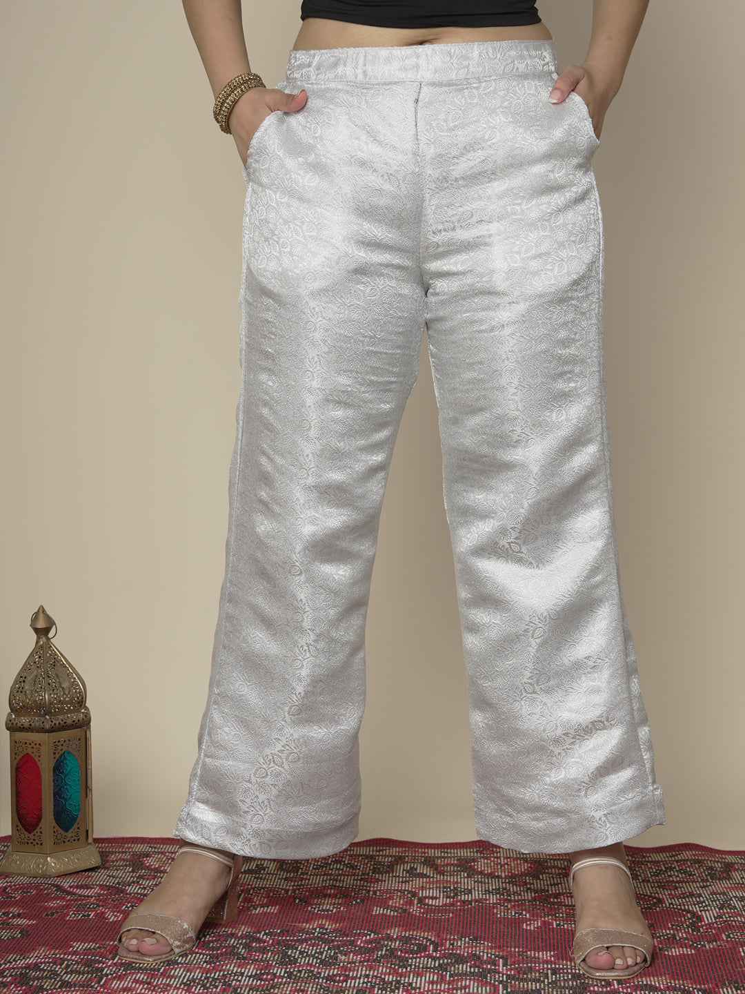 Silver Floral Brocade Palazzo Pants