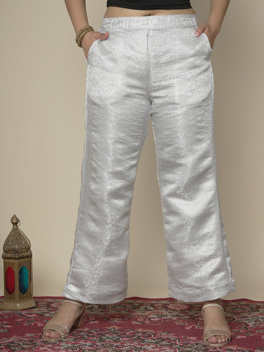 Silver Floral Brocade Palazzo Pants