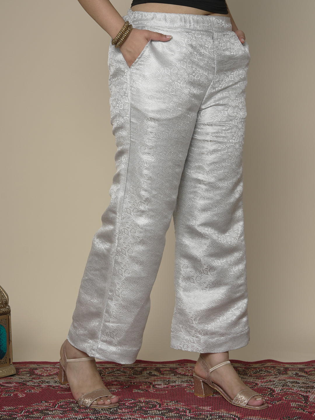 Silver Floral Brocade Palazzo Pants