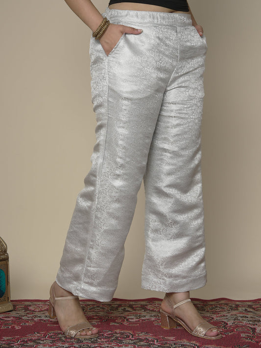 Silver Floral Brocade Palazzo Pants
