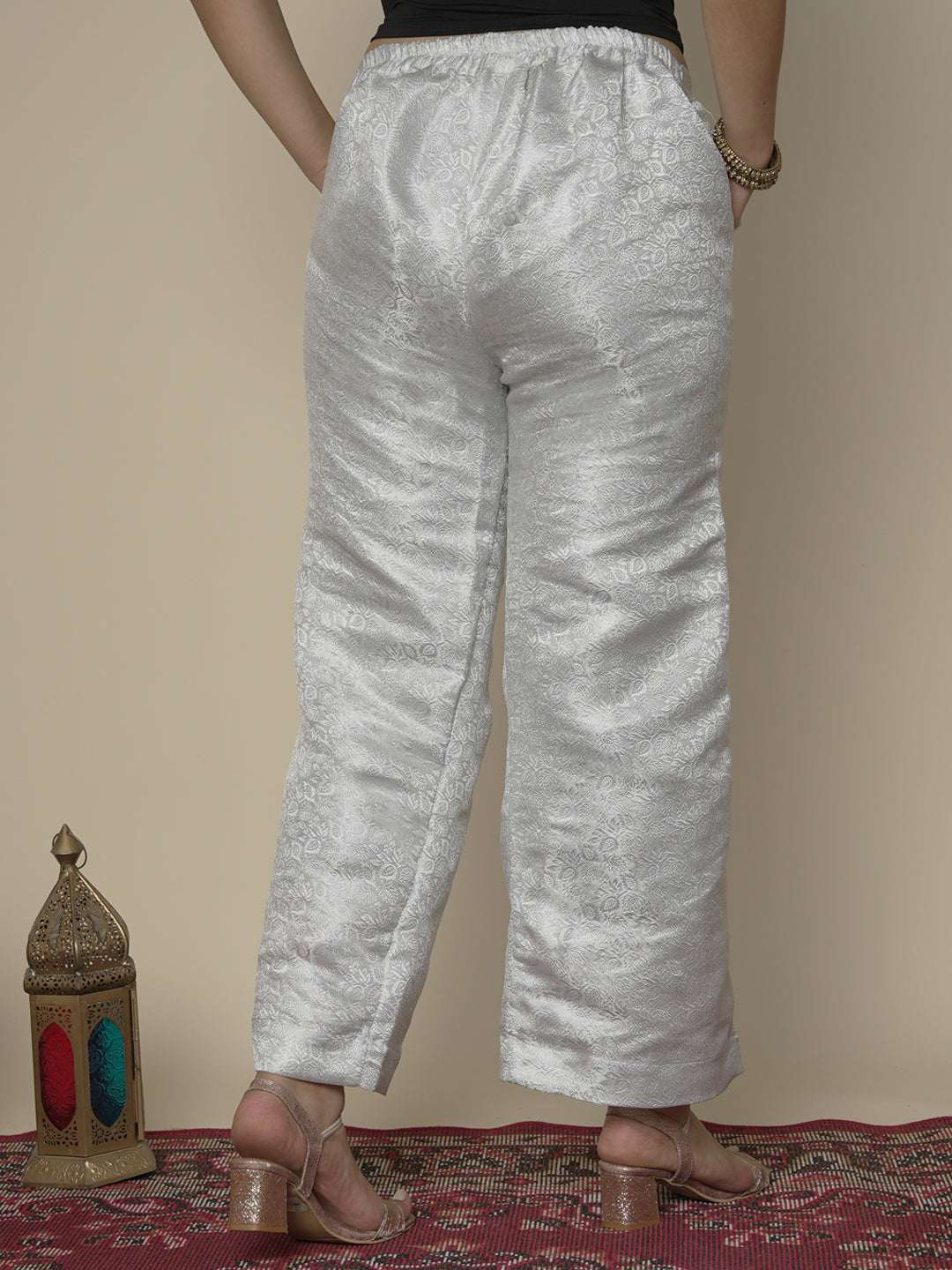 Silver Floral Brocade Palazzo Pants