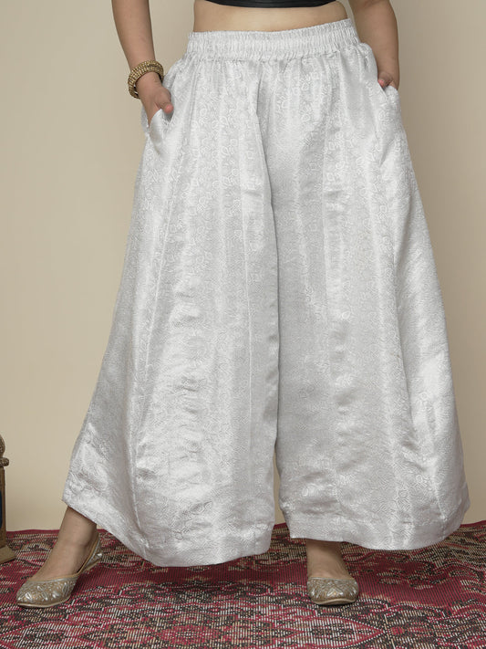 Silver Floral Brocade Flared Palazzo