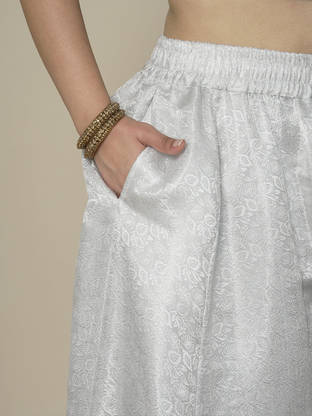 Silver Floral Brocade Flared Palazzo