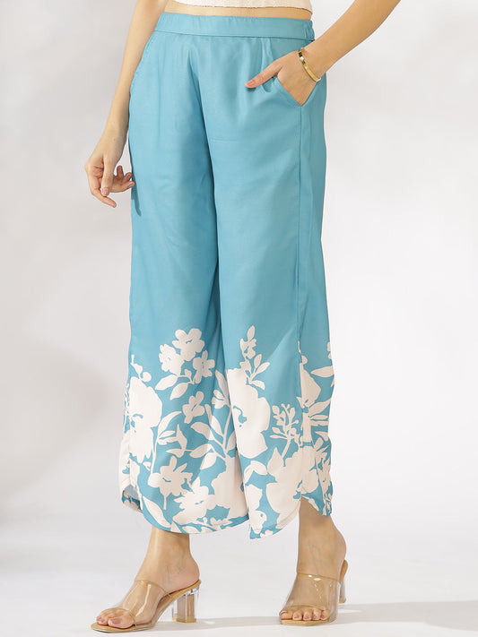 SkyBlue Printed Curved Palazzos - BlueFleur
