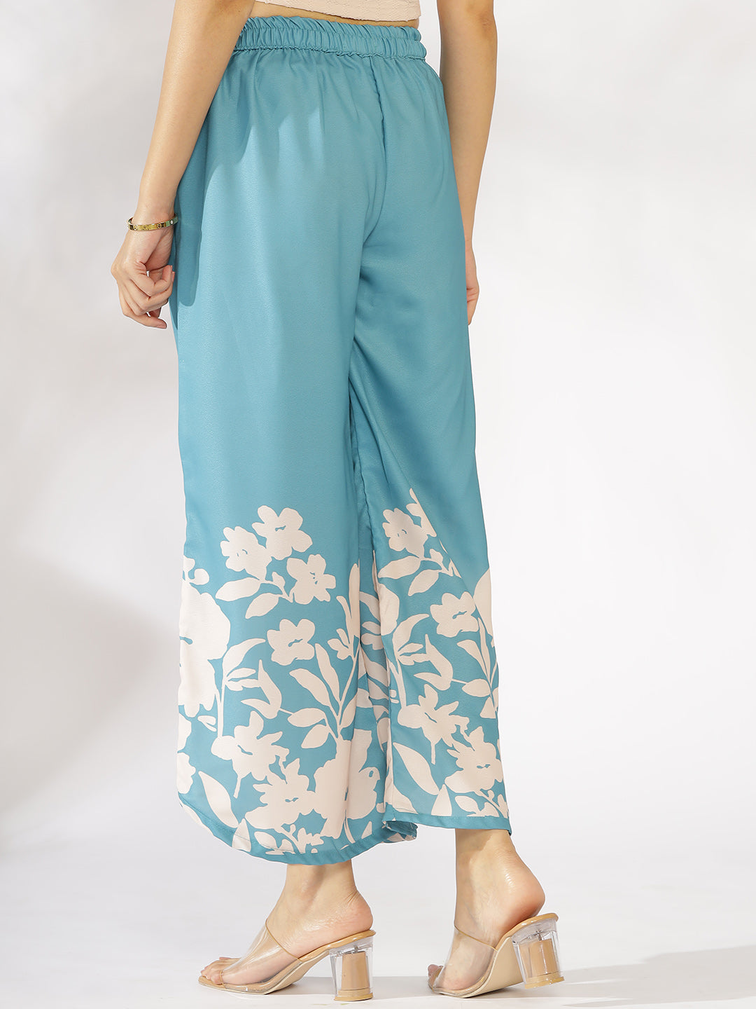 SkyBlue Printed Curved Palazzos - BlueFleur