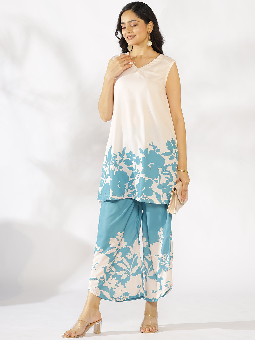 SkyBlue Printed Curved Palazzos - BlueFleur