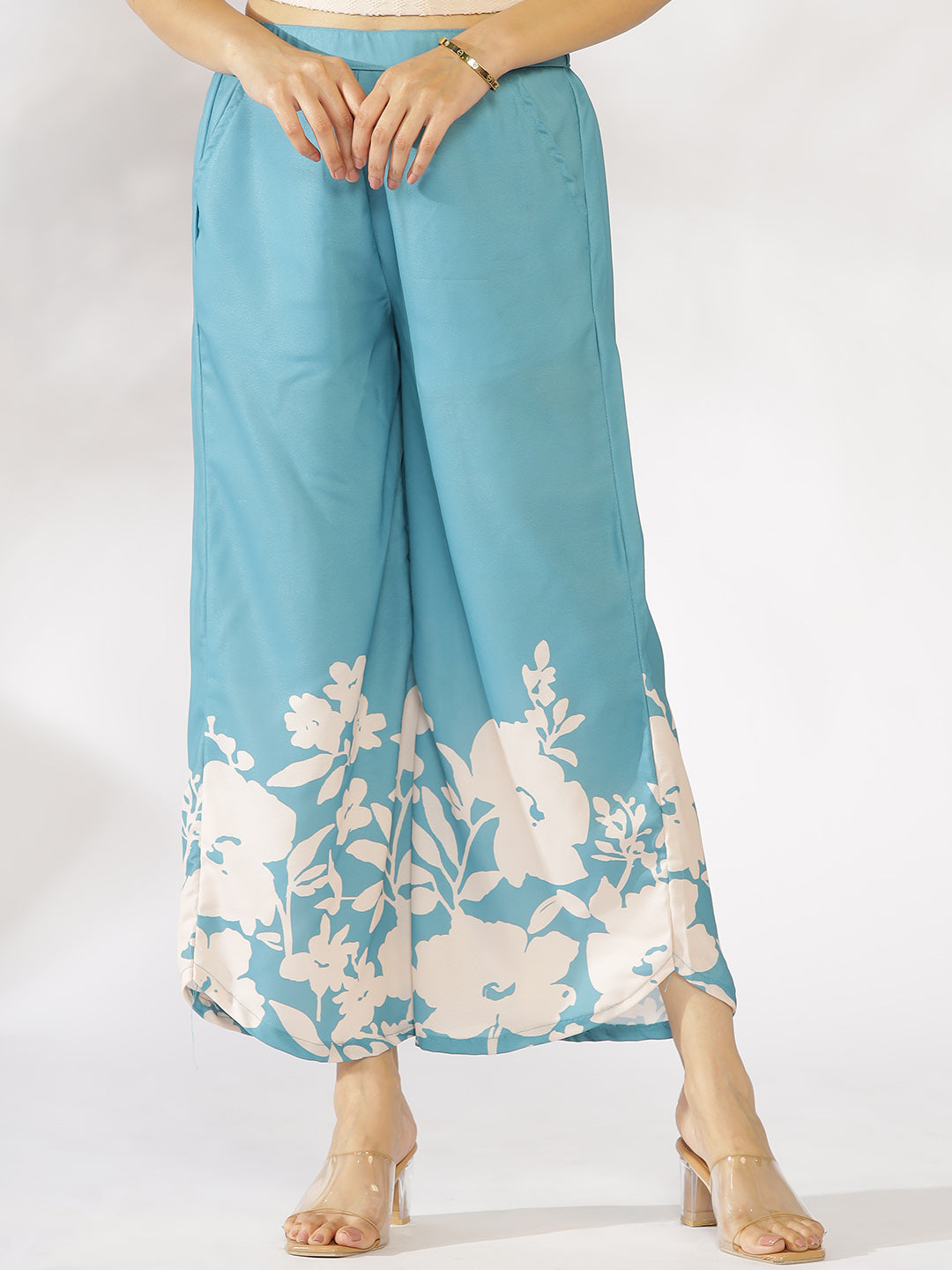 SkyBlue Printed Curved Palazzos - BlueFleur