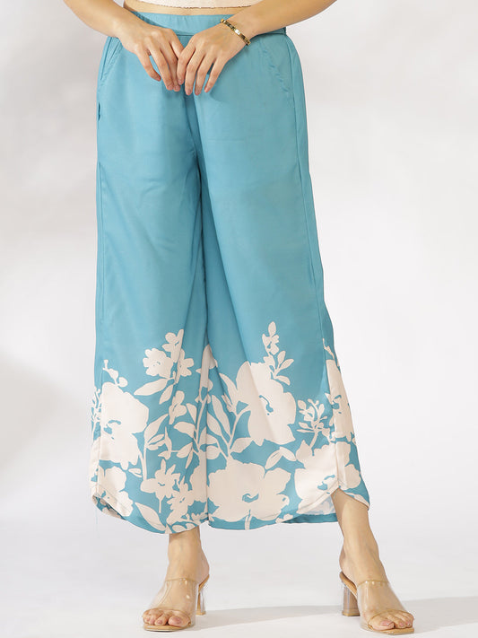 SkyBlue Printed Curved Palazzos - BlueFleur