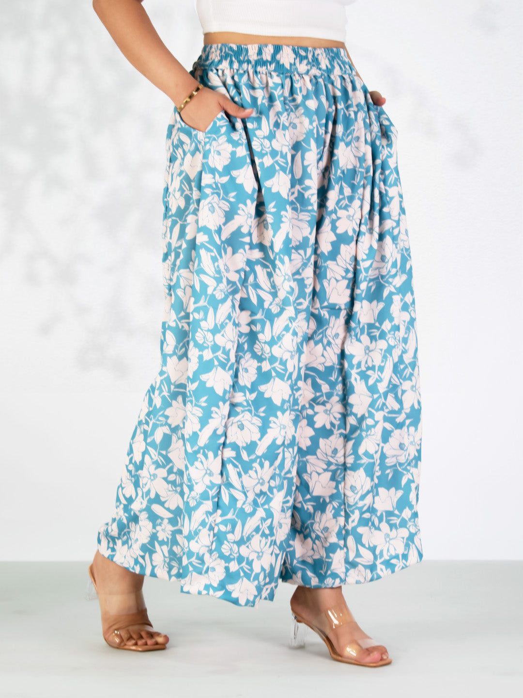 SkyBlue Printed Flared Palazzo - BluePoppy