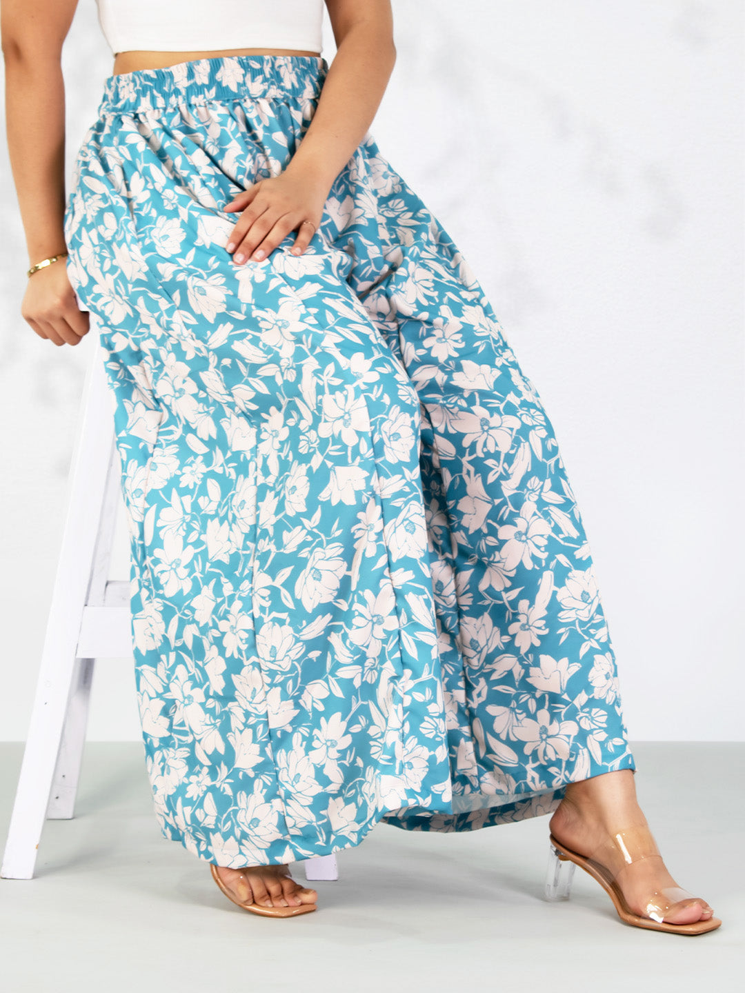 SkyBlue Printed Flared Palazzo - BluePoppy