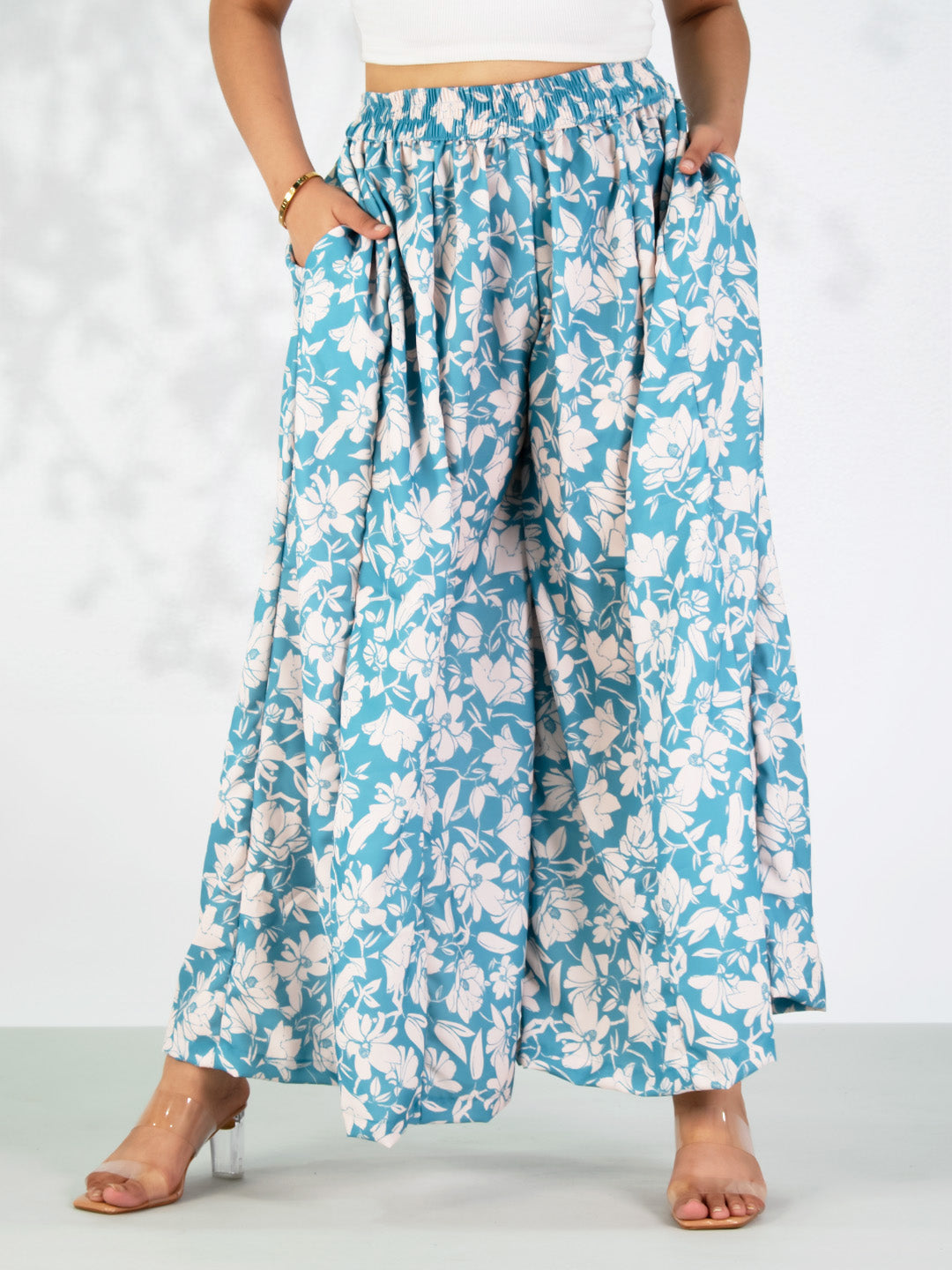 SkyBlue Printed Flared Palazzo - BluePoppy