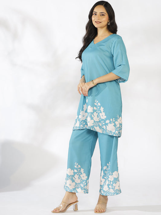 SkyBlue Printed Kurti & Palazzo Pants - SkyBloom