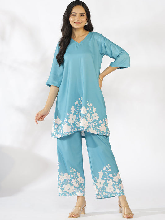 SkyBlue Printed Kurti & Palazzo Pants - SkyBloom