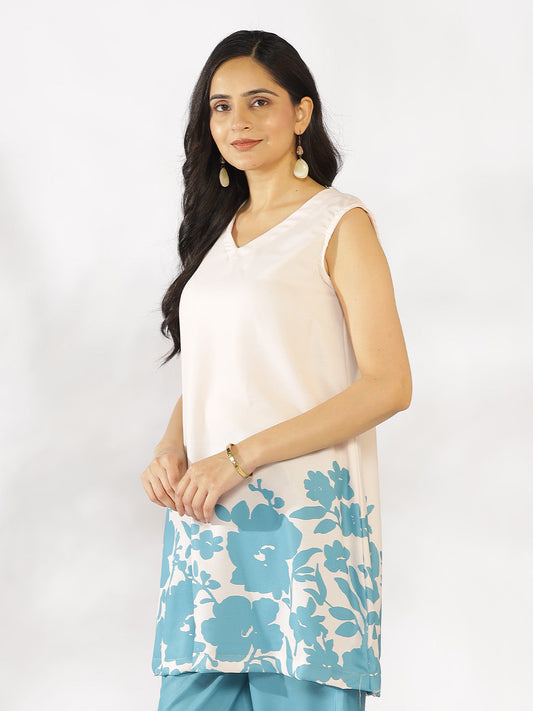 SkyBlue Printed V-Neck Sleeveless Kurti - AquaFern