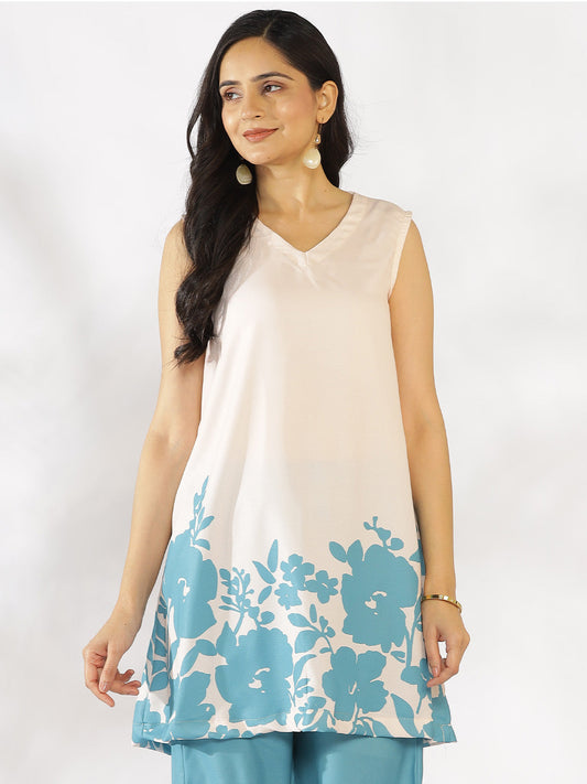 SkyBlue Printed V-Neck Sleeveless Kurti - AquaFern
