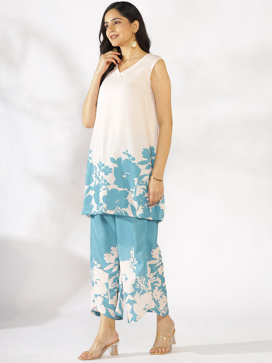 SkyBlue Printed V-Neck Sleeveless Kurti & Curved Palazzos - AquaFern