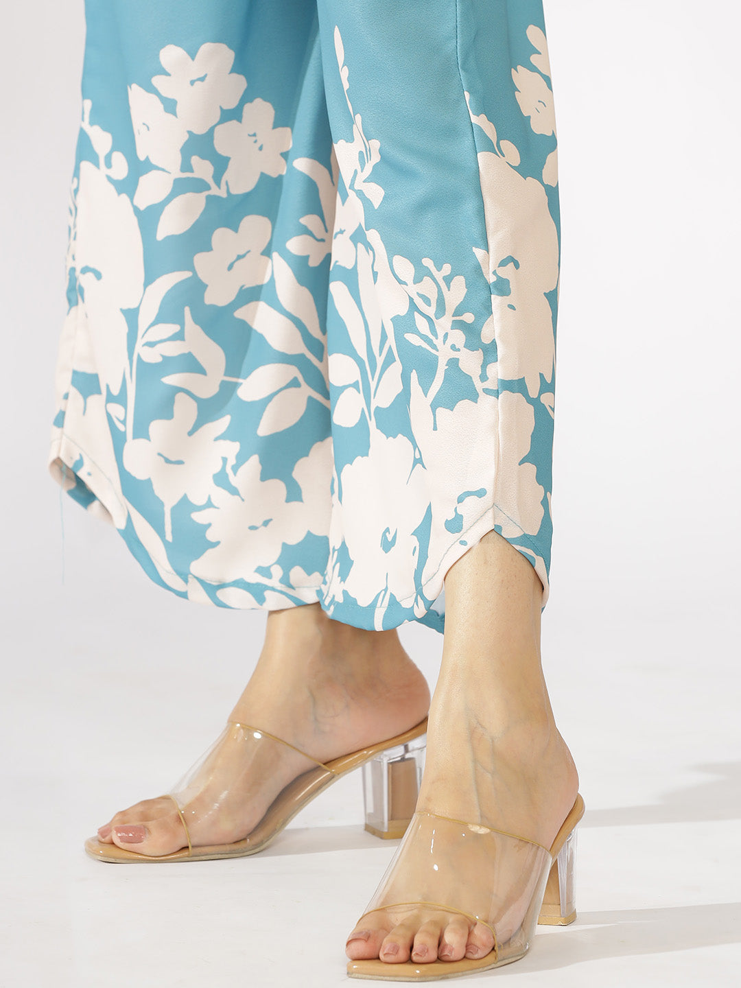 SkyBlue Printed V-Neck Sleeveless Kurti & Curved Palazzos - AquaFern