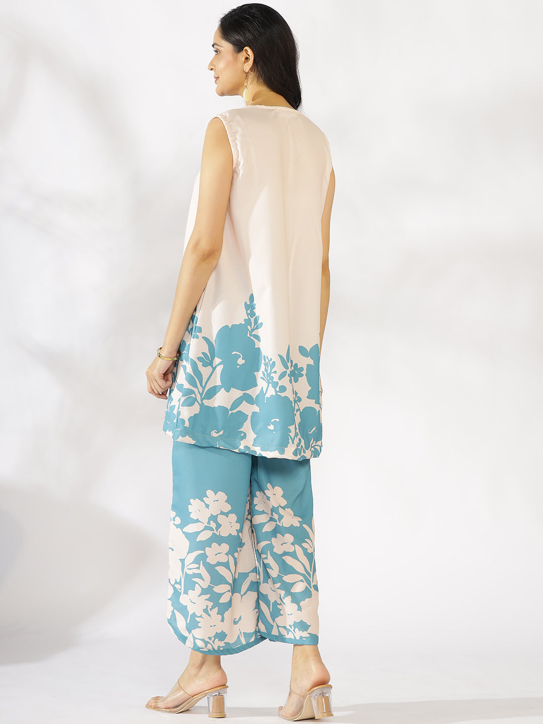 SkyBlue Printed V-Neck Sleeveless Kurti & Curved Palazzos - AquaFern