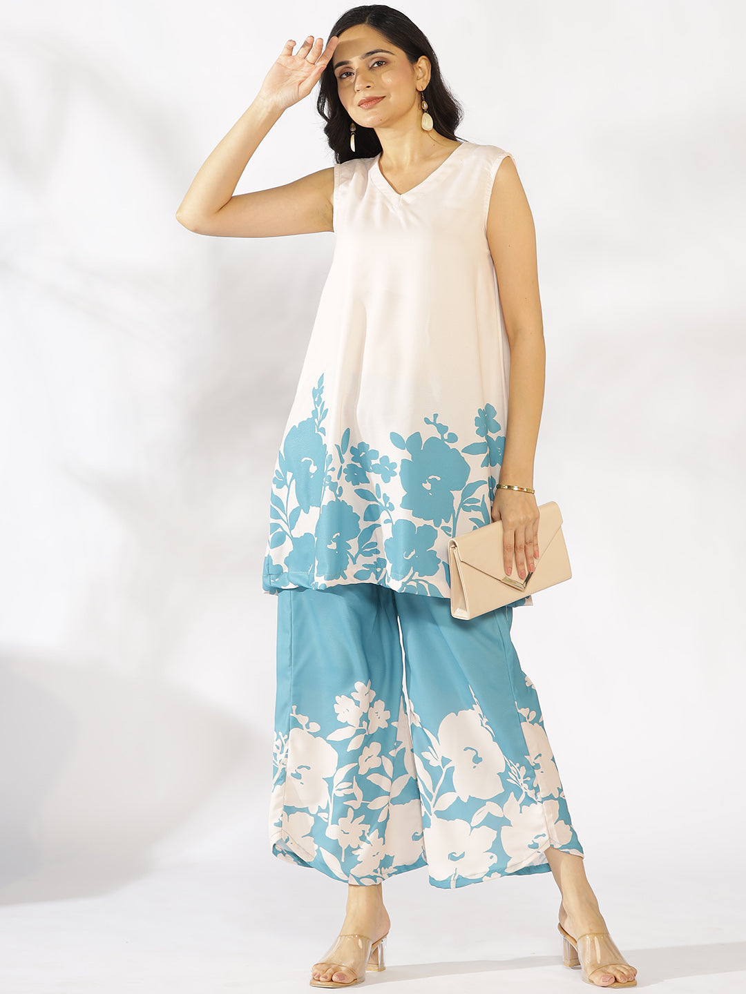 SkyBlue Printed V-Neck Sleeveless Kurti & Curved Palazzos - AquaFern