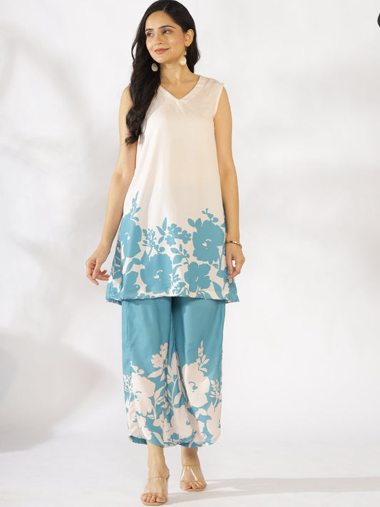 SkyBlue Printed V-Neck Sleeveless Kurti & Curved Palazzos - AquaFern