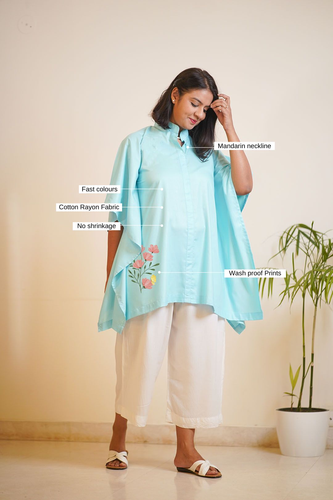 SkyBlue Rayon MandarinKurti - BloomingSky