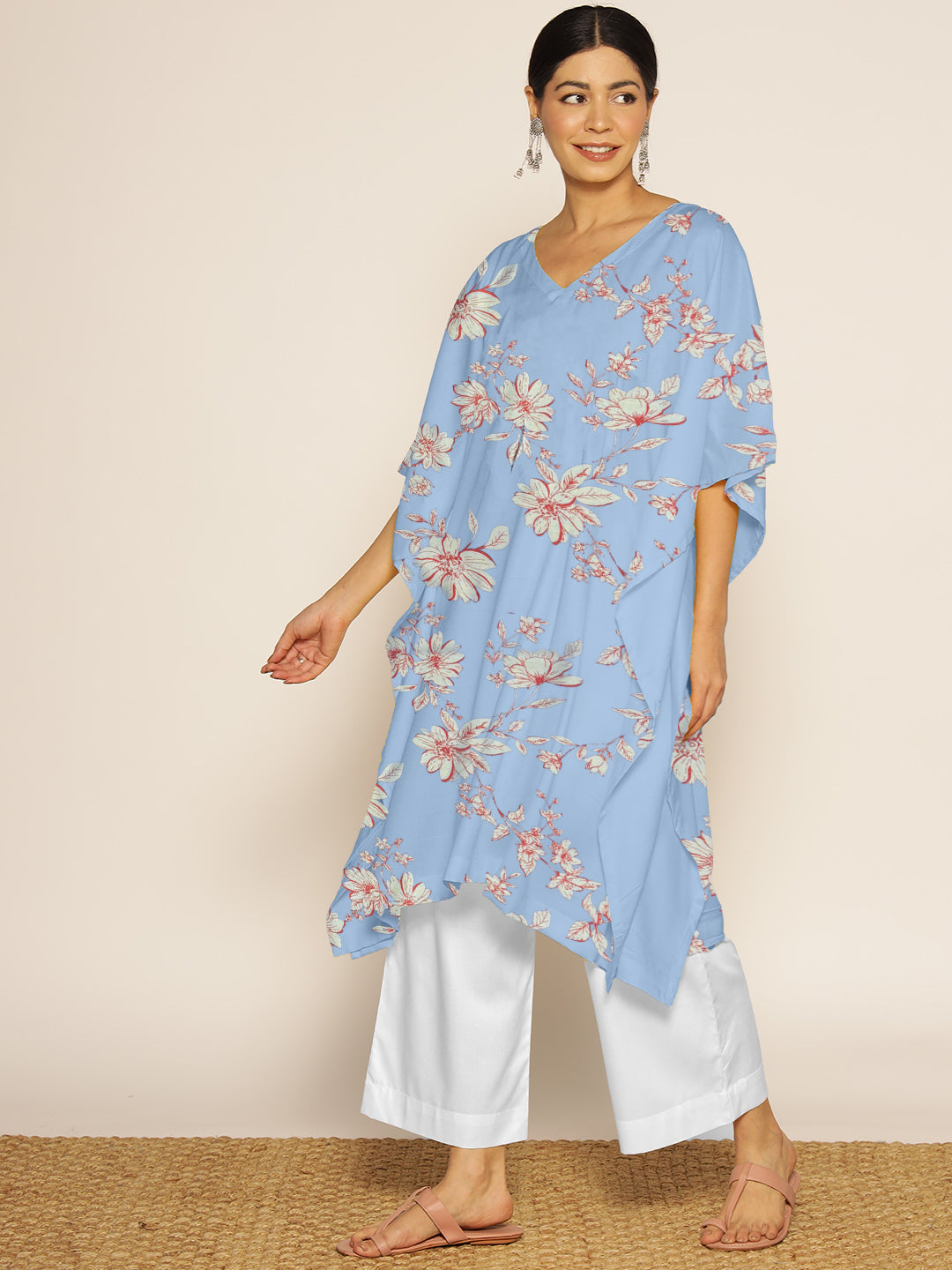 SkyBluePrinted Rayon LongKurta - FloraFiesta