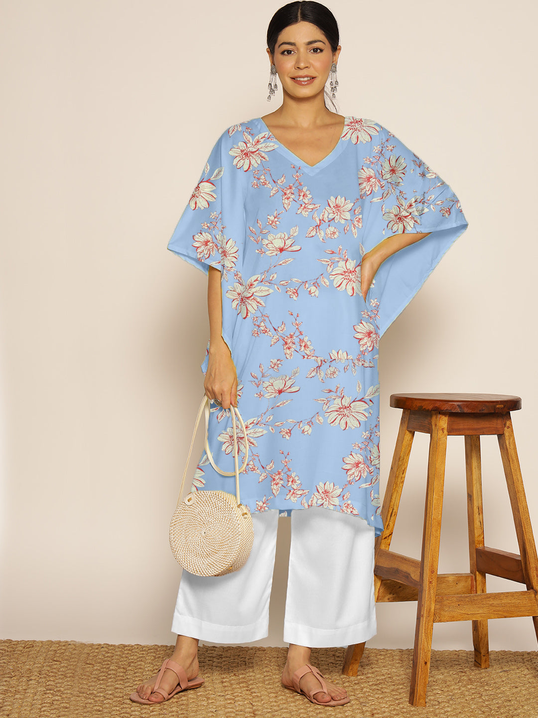 SkyBluePrinted Rayon LongKurta - FloraFiesta