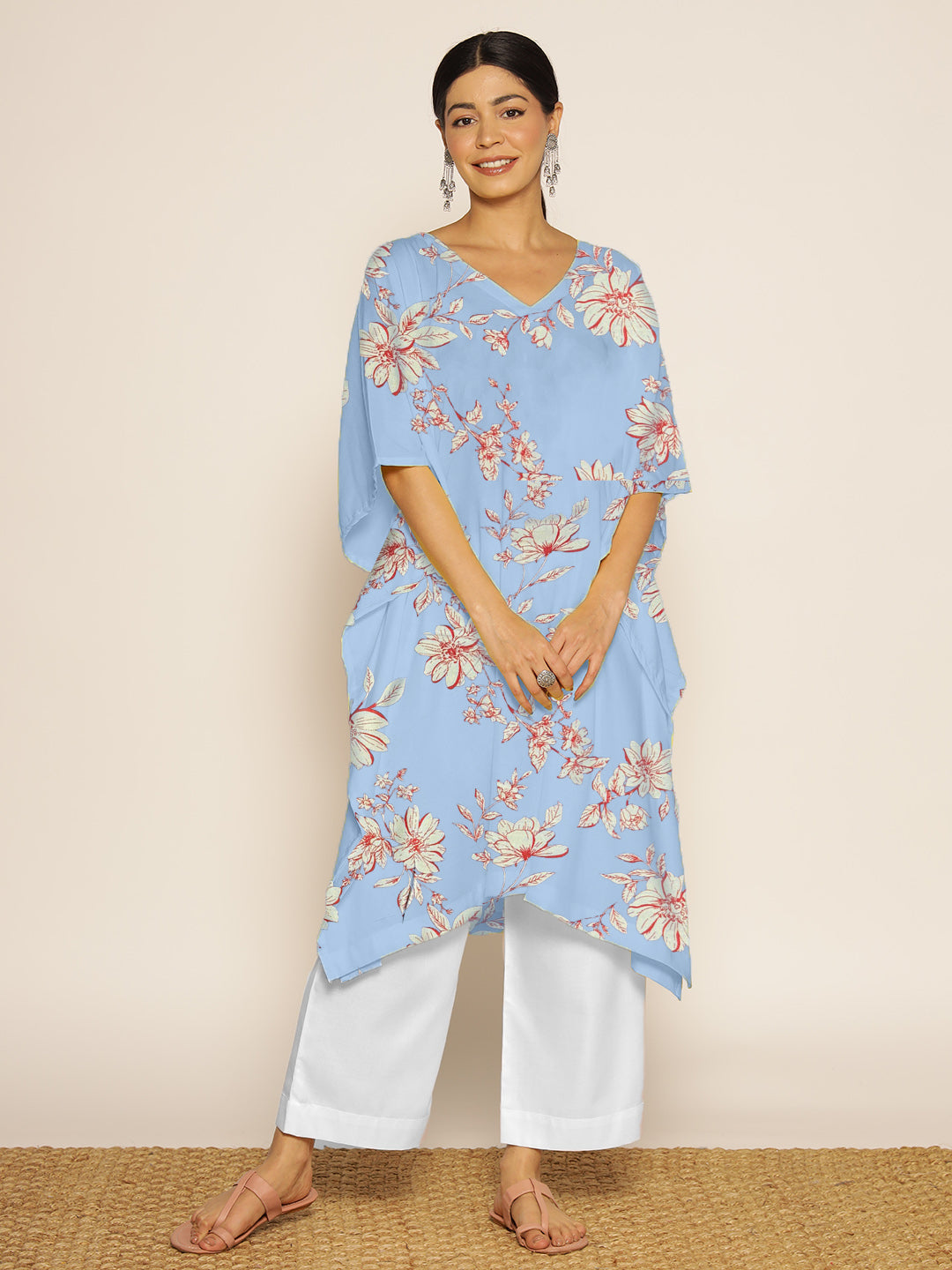 SkyBluePrinted Rayon LongKurta - FloraFiesta