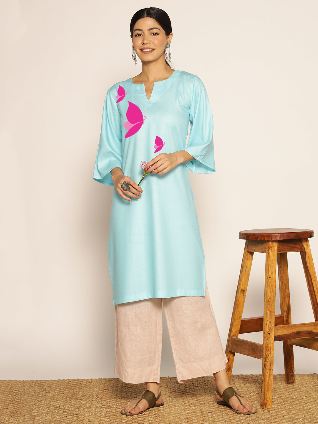 Skyblue Rayon LongKurta - Amba