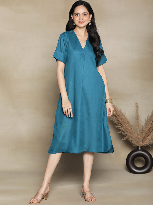 Teal CottonSlub PleatedDress