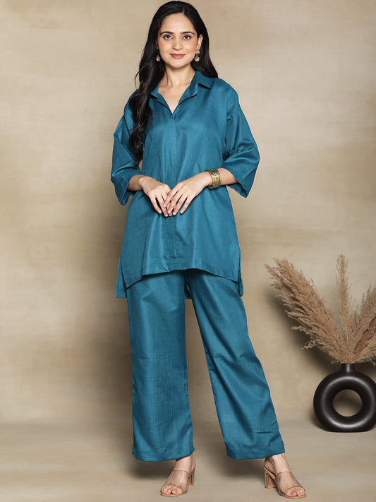 Teal CottonSlub ShirtTop & Palazzo