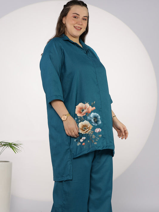 Teal CottonSlub ShirtTop - TropicalBlooms