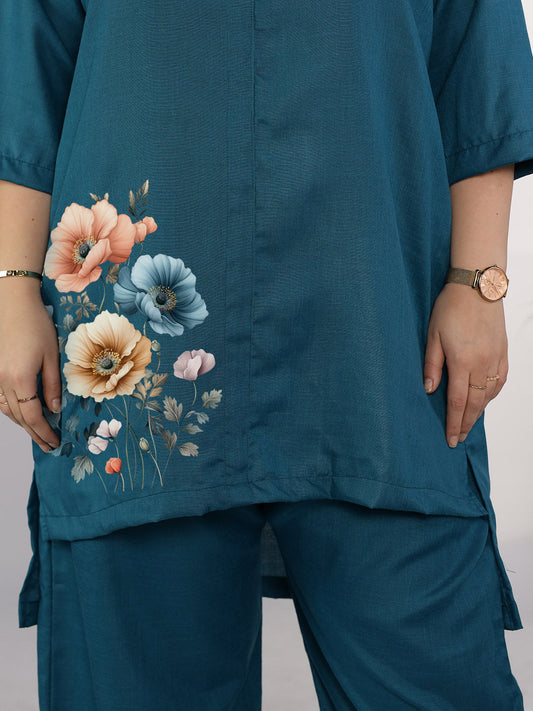 Teal CottonSlub ShirtTop - TropicalBlooms