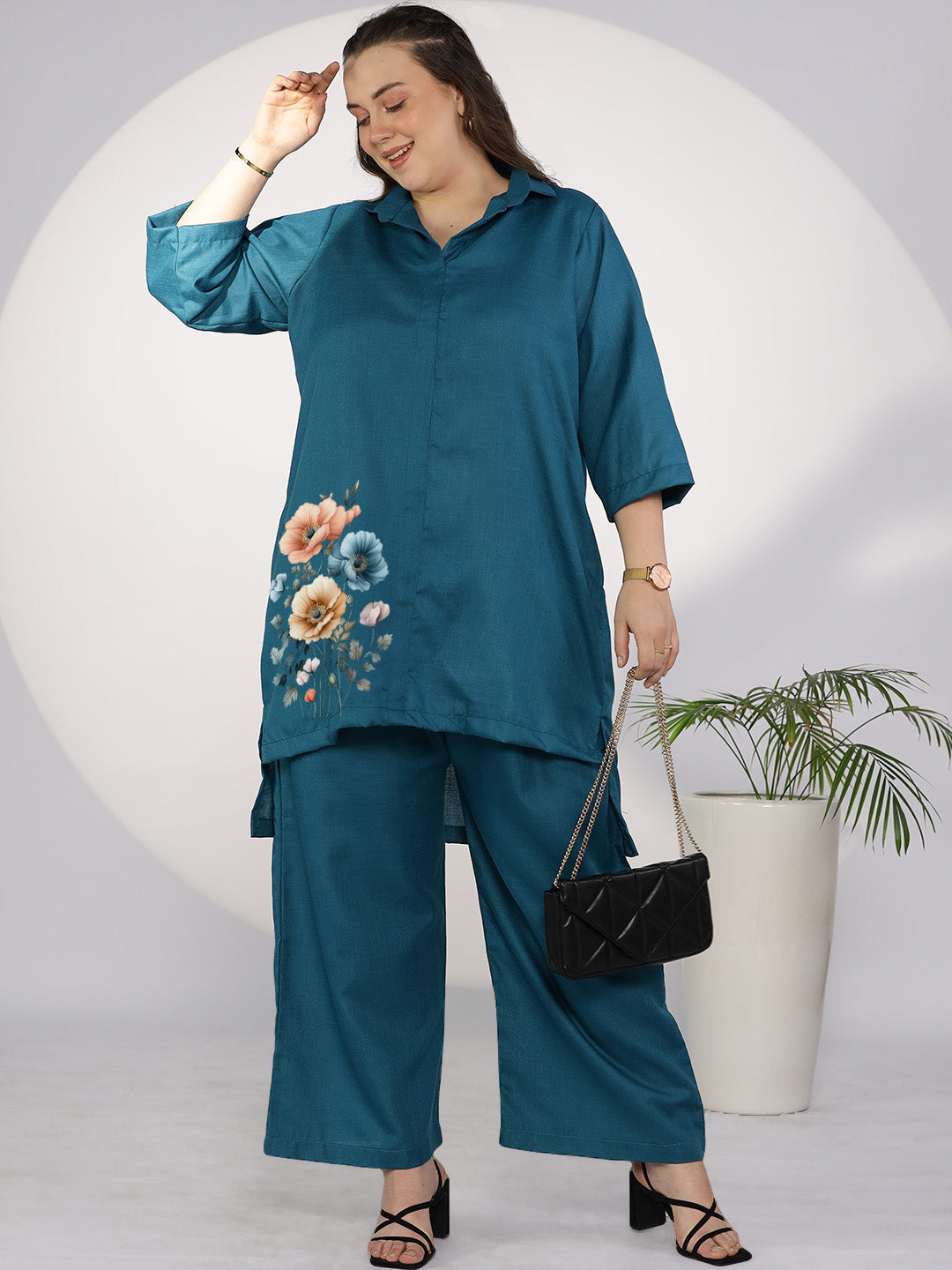 Teal CottonSlub ShirtTop - TropicalBlooms