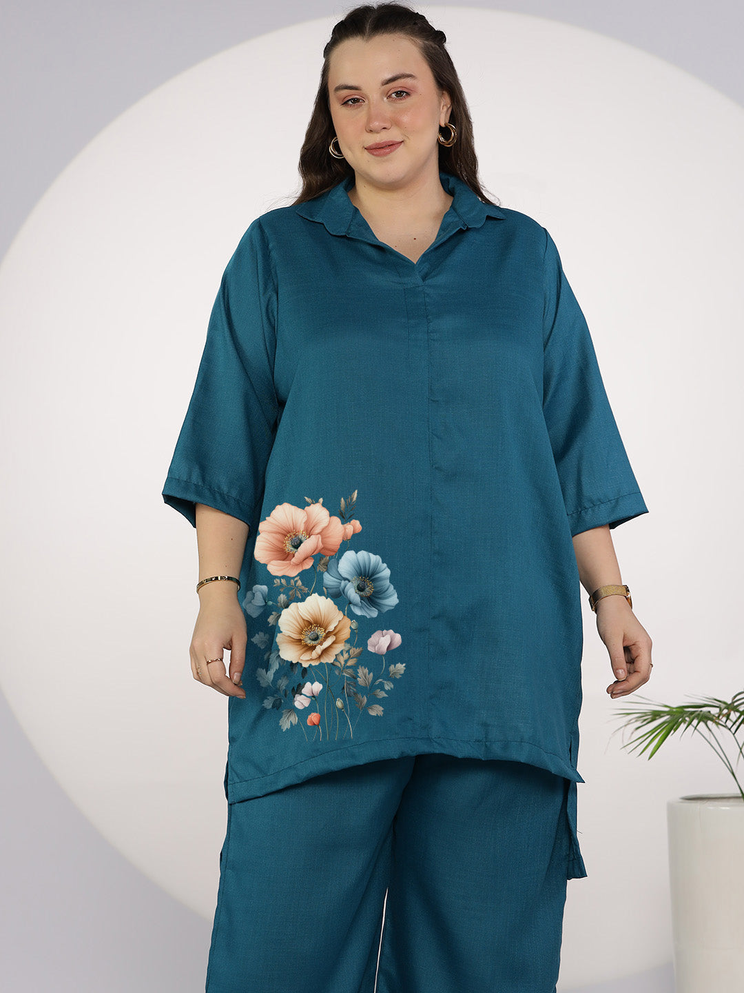 Teal CottonSlub ShirtTop - TropicalBlooms