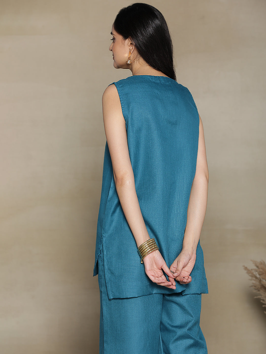 Teal CottonSlub SleevelessKurti