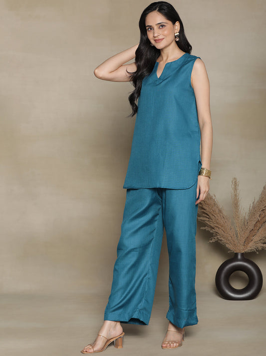 Teal CottonSlub SleevelessKurti & Palazzo