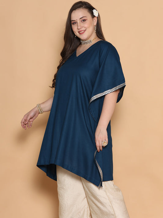 Teal Rayon Embellished Kaftan Kurta