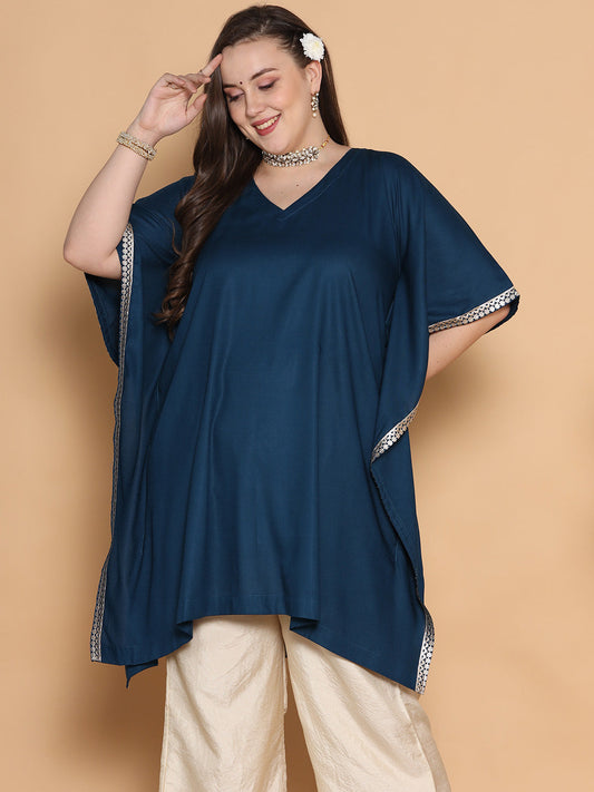 Teal Rayon Embellished Kaftan Kurta