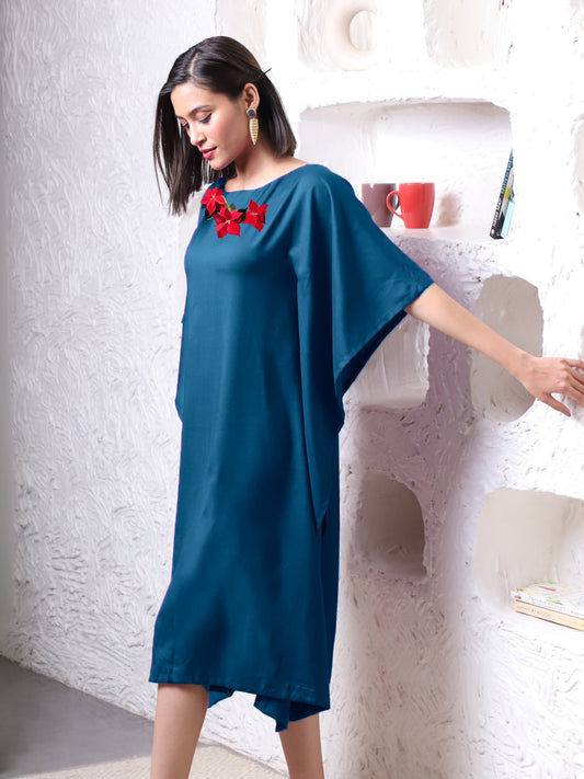 Teal Rayon Long-Kaftan - Vermilion