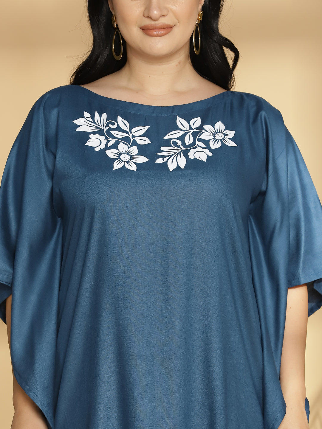 Teal Rayon Long-Kaftan - White petals