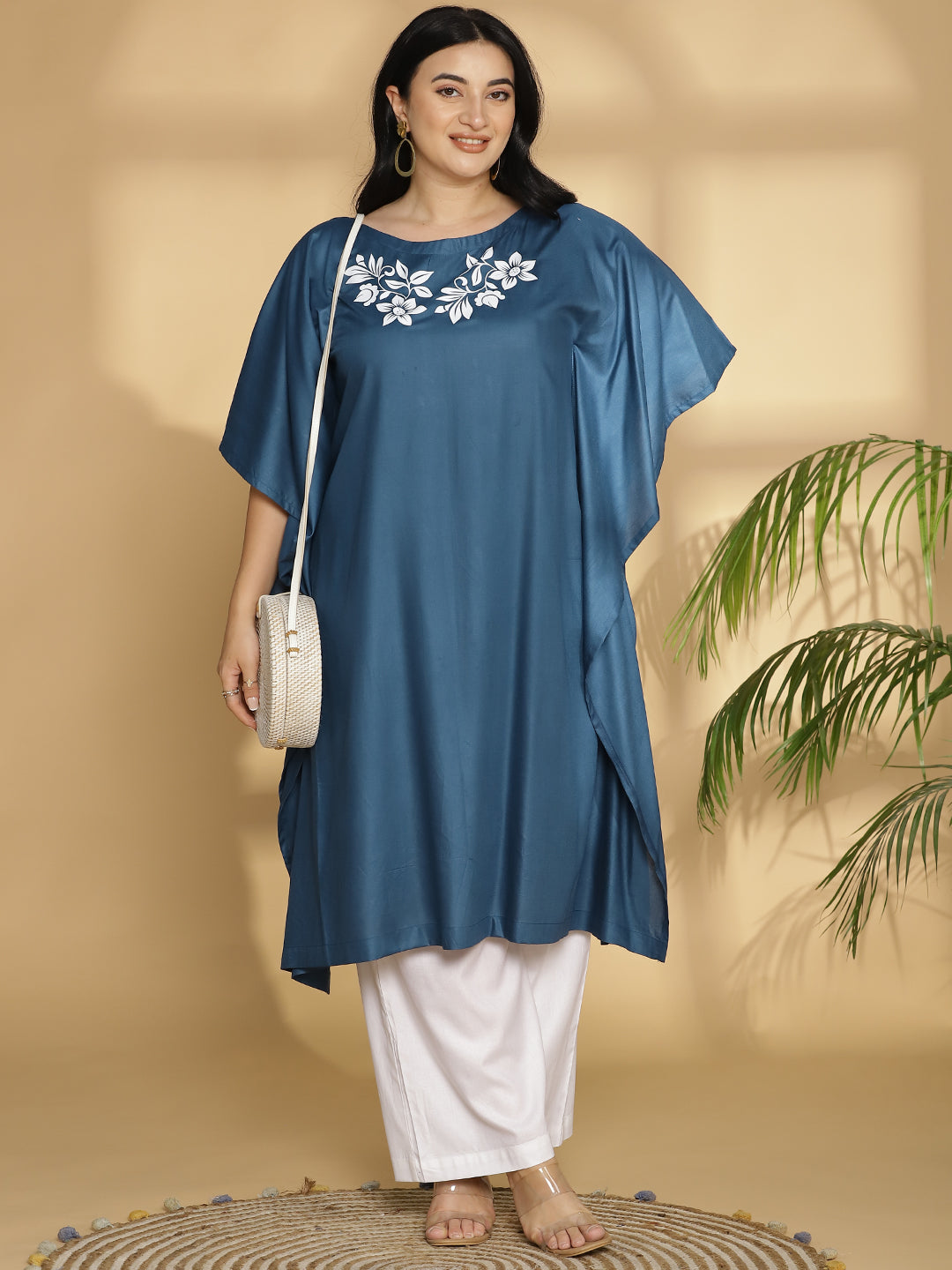 Teal Rayon Long-Kaftan - White petals