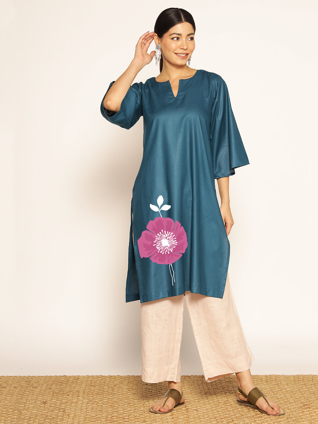 Teal Rayon LongKurta - Alaka