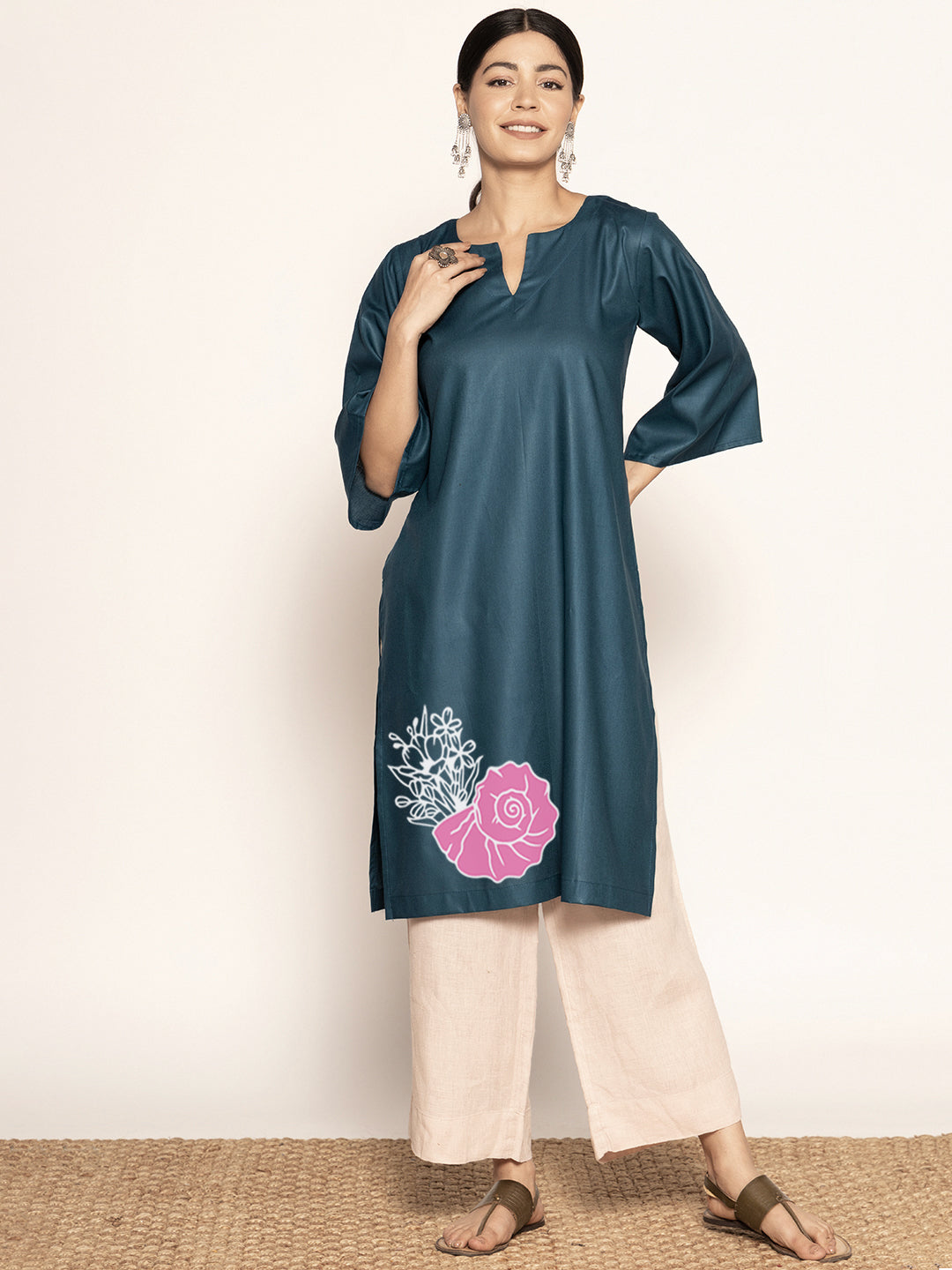 Teal Rayon LongKurta - Ambuja