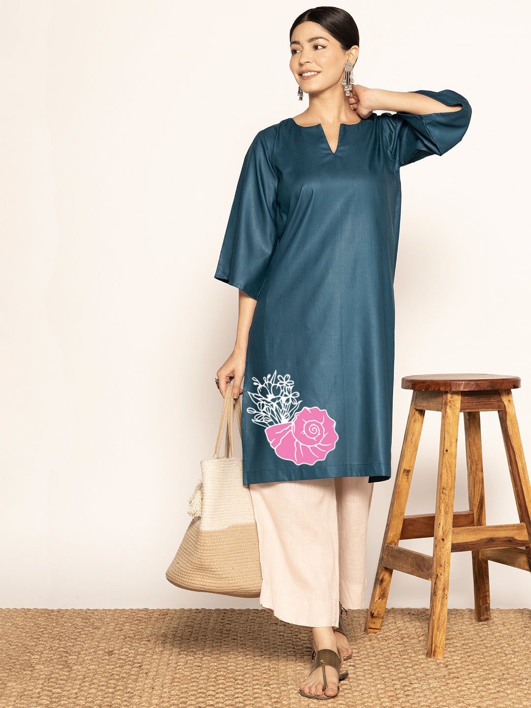 Teal Rayon LongKurta - Ambuja