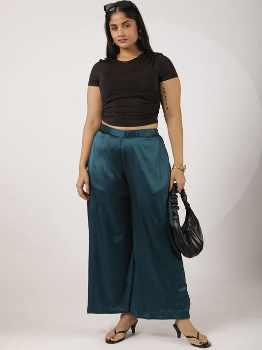 Teal Satin Wide-Leg Pants